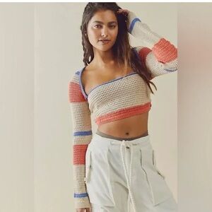Free People Love Me Long-Sleeve Fauxchet Striped Sweater Top - NWT